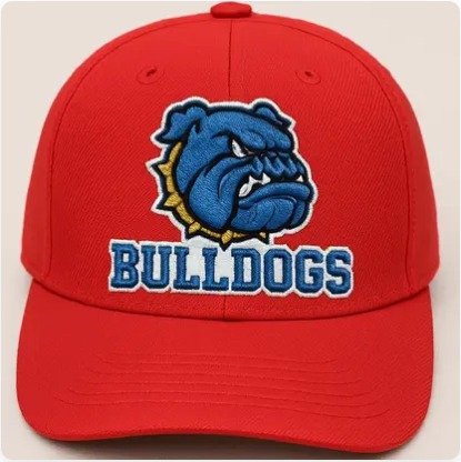 Red sports cap with a detailed embroidered bulldog team logo
